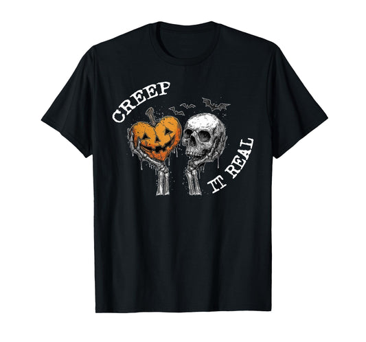 Creep It Real Funny Skeleton Halloween Pumpkin Skull Retro T-Shirt