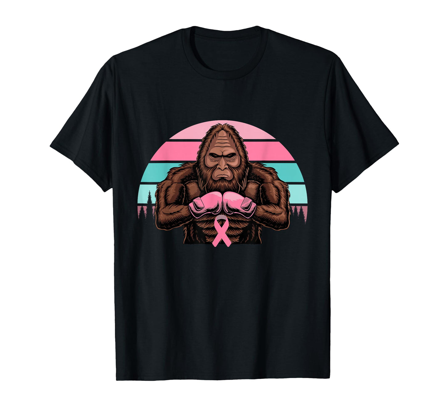 Bigfoot Boxing Pink Ribbon Breast Cancer Awareness Retro T-Shirt