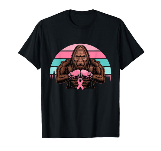 Bigfoot Boxing Pink Ribbon Breast Cancer Awareness Retro T-Shirt