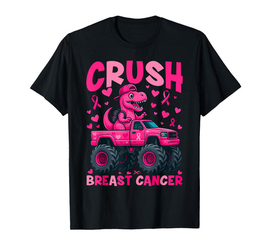 Crush Breast Cancer Awareness Monster Truck Dinosaur Boy Kid T-Shirt
