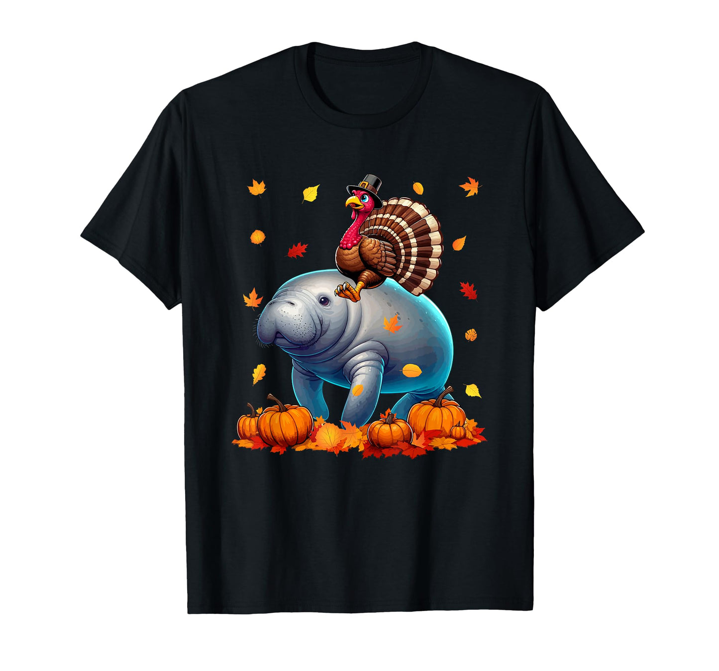 Turkey Riding Manatee Thanksgiving Fall Leaves Pumpkins T-Shirt