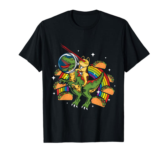 Crazy T-Rex Riding Cat Laser Eye Taco Rainbow Space Dinosaur T-Shirt for Men Women Girls Kids