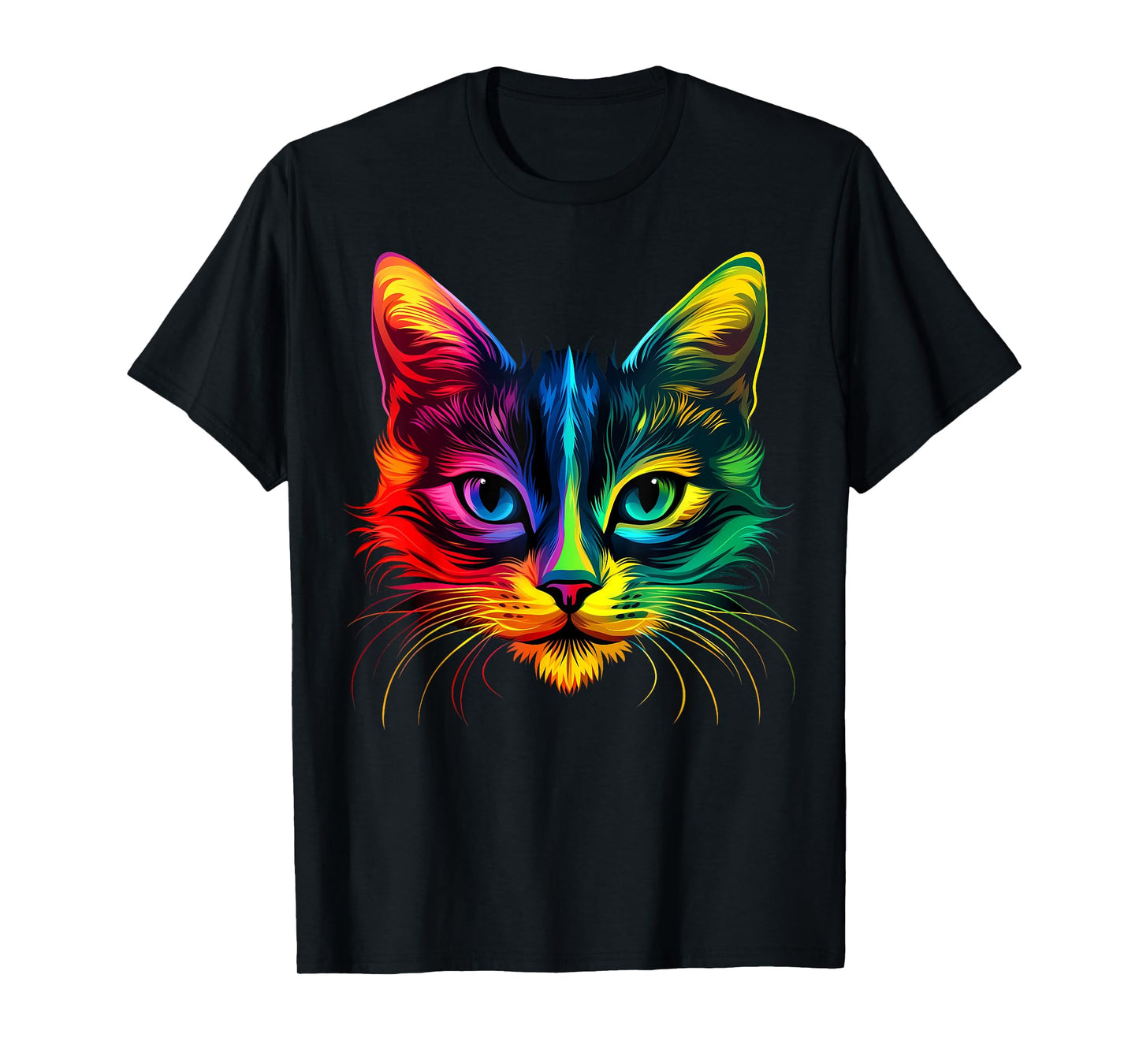 Colorful Cat Face Cute Pet Animal Lover Men Women Black T-Shirt
