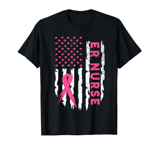 Er Nurse American Flag Nurse Breast Cancer Awareness T-Shirt