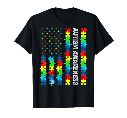 Autism Awareness Flag Puzzle Autistic Kids Support Patriotic T-Shirt