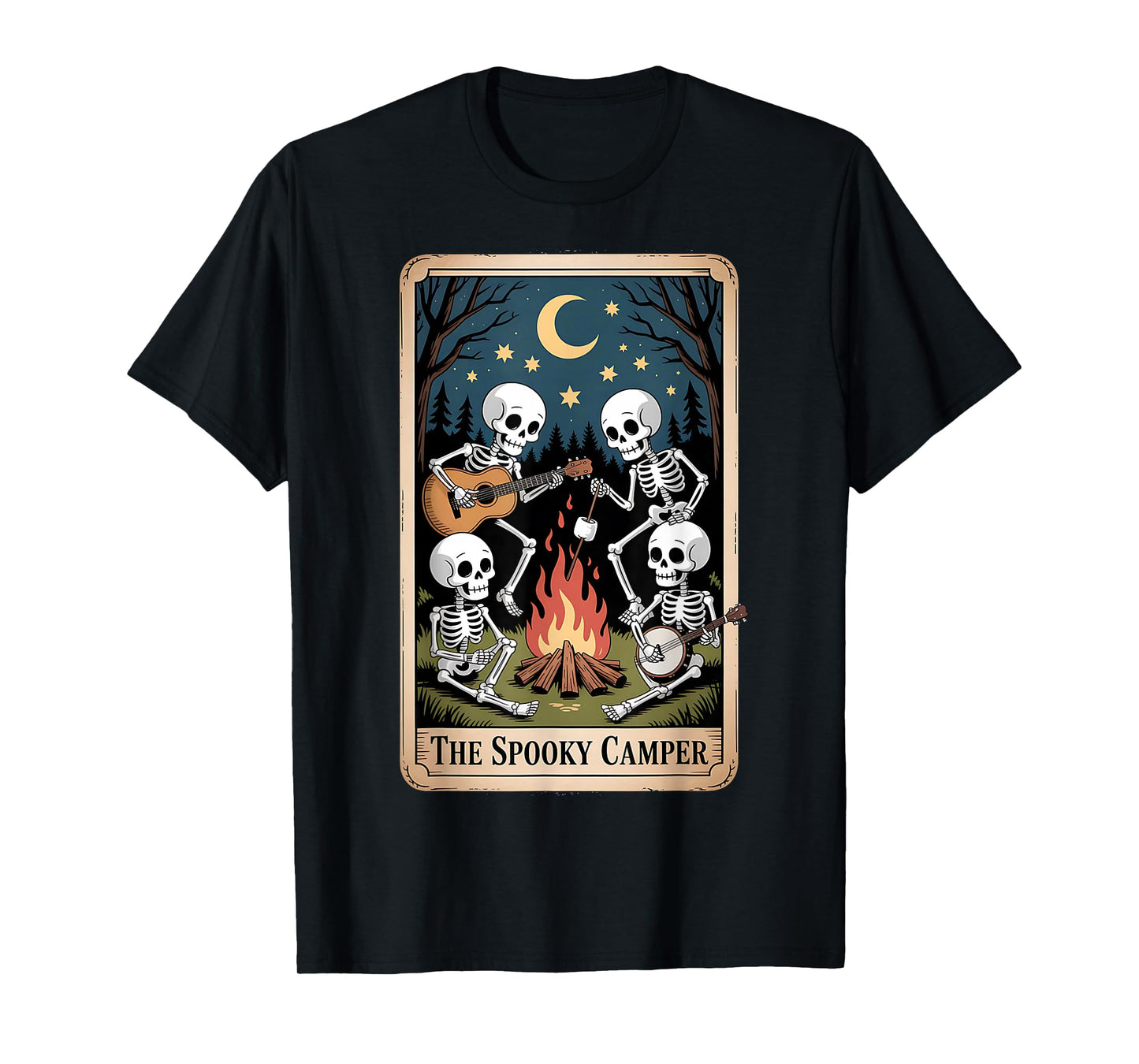Spooky Skeleton Camper Halloween Night Campfire Funny Tarot T-Shirt