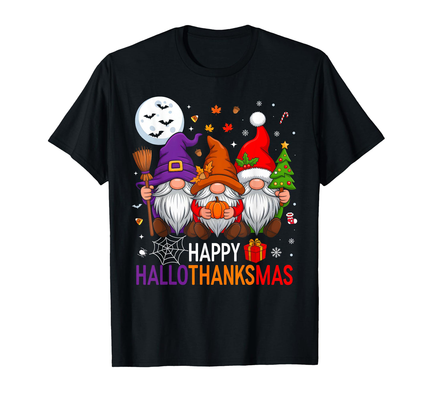 Gnomes Happy HalloThanksmas Funny Halloween Thanksgiving T-Shirt