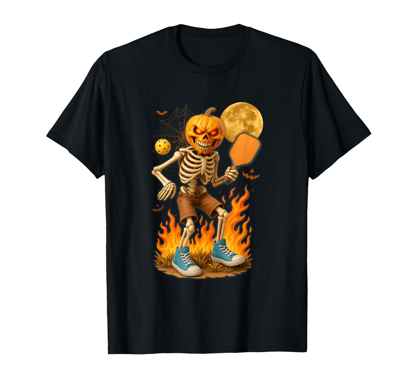 Pumpkin Head Skeleton Playing Pickleball Sports Halloween T-Shirt