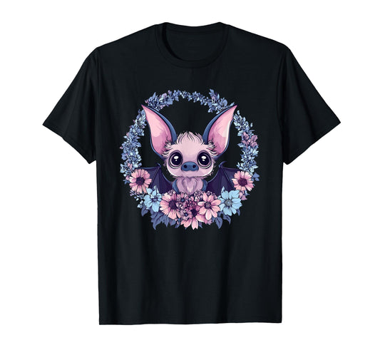 Adorable Bat Surrounded By Beautiful Flowers T-Shirt