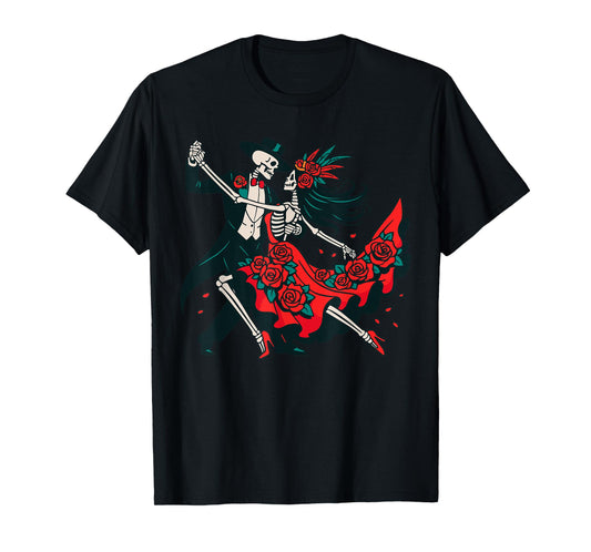 Dia De Los Muertos Couple Costume, Roses Dancing Skeleton T-Shirt
