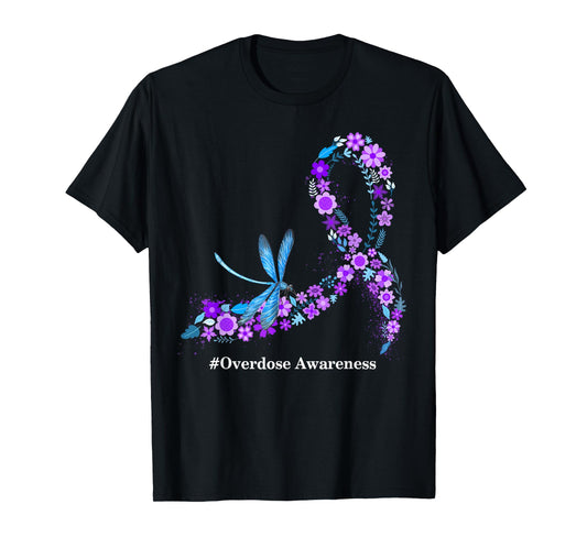 Dragonfly Floral Overdose Awareness Purple Ribbon T-Shirt
