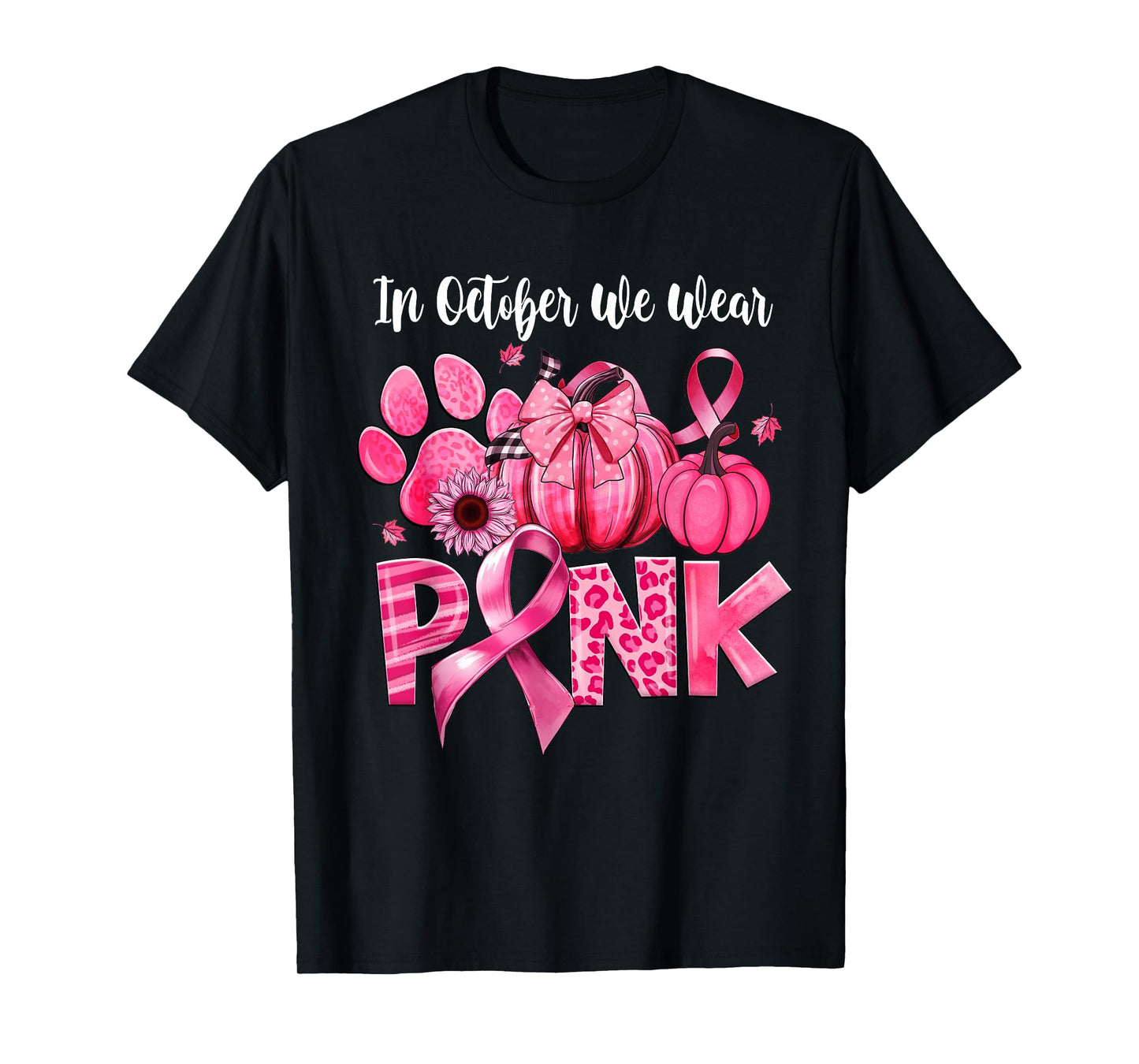 In October We Wear Pink Dog Paw Pumpkin Breast Cancer T-Shirt
