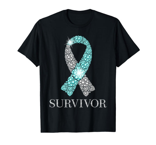 Cervical Cancer Survivor Teal & White Ribbon Awareness T-Shirt