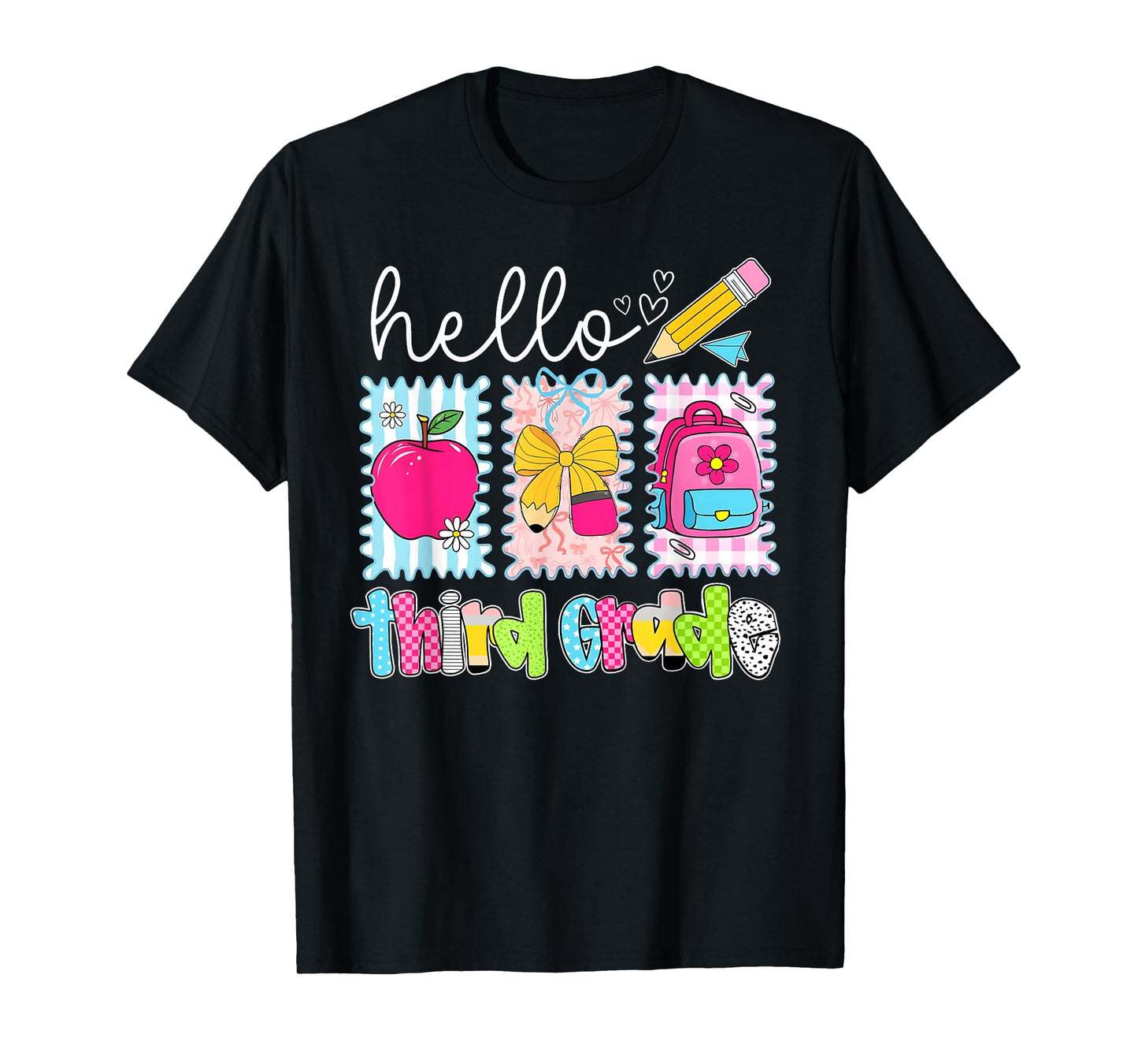 Back To School Hello Third Grade Teacher Coquette Pencil Bow T-Shirt