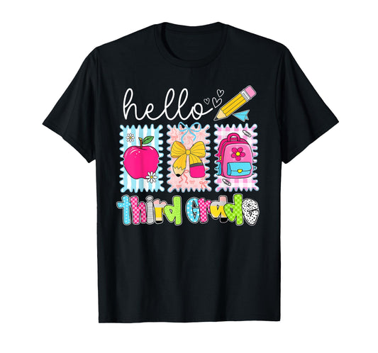 Back To School Hello Third Grade Teacher Coquette Pencil Bow T-Shirt