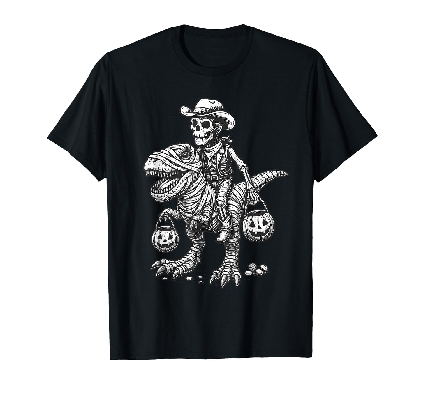 Cowboy Skeleton Riding Mummy Dinosaur T-Rex Halloween Gothic T-Shirt