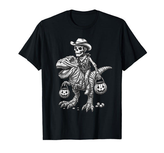 Cowboy Skeleton Riding Mummy Dinosaur T-Rex Halloween Gothic T-Shirt