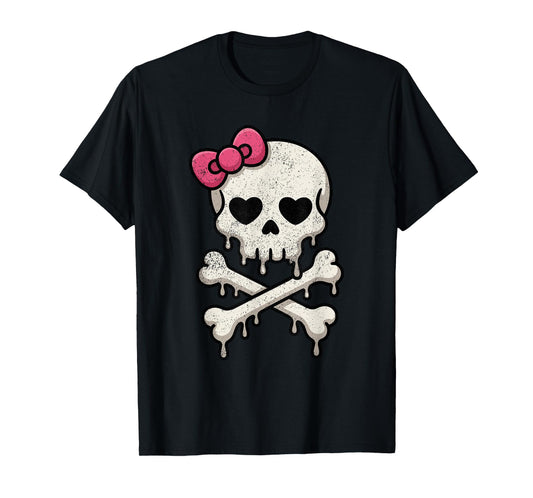 Cute Skull Pink Bow Dripping Crossbone Halloween Women Girls T-Shirt
