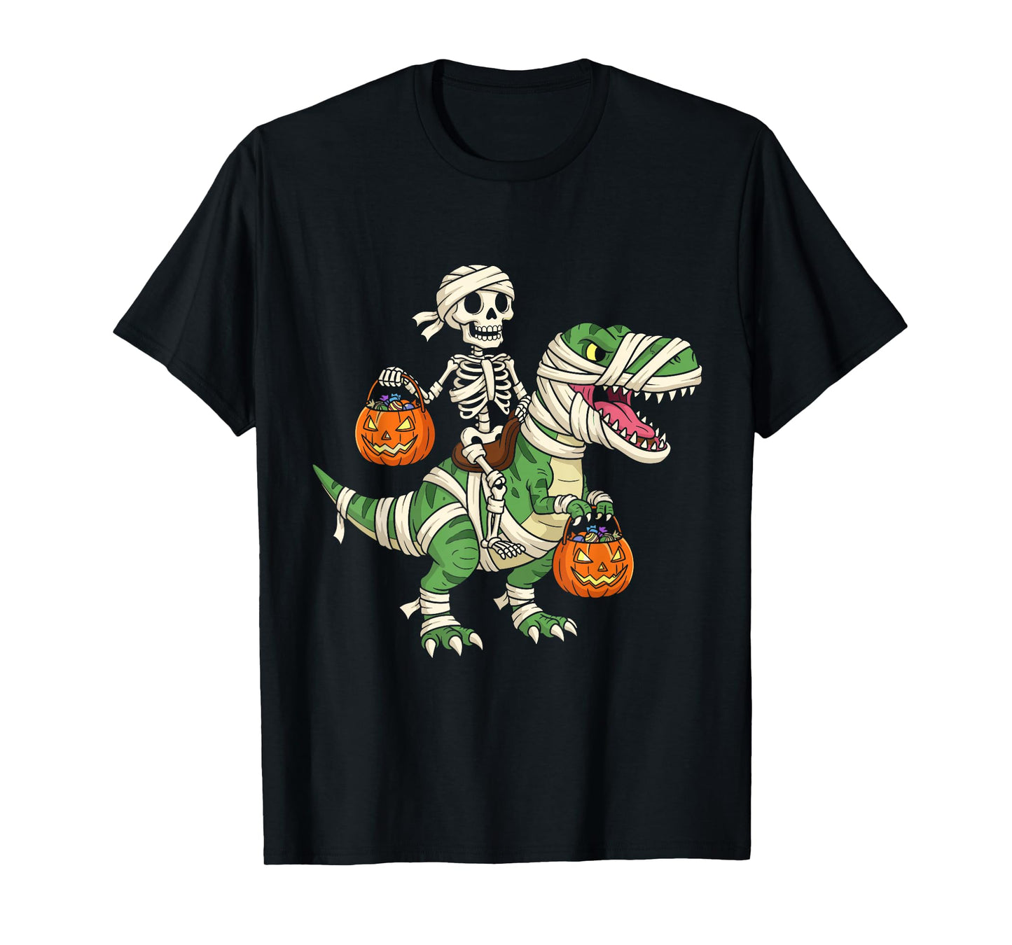 Skeleton Riding Mummy Dinosaur T-Rex Funny Halloween Pumpkin T-Shirt
