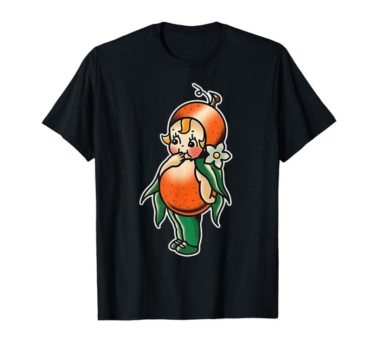 Urban Empyre Kewpie Baby Orange Fruit Traditional Tattoo Flash T-Shirt, Small, Black