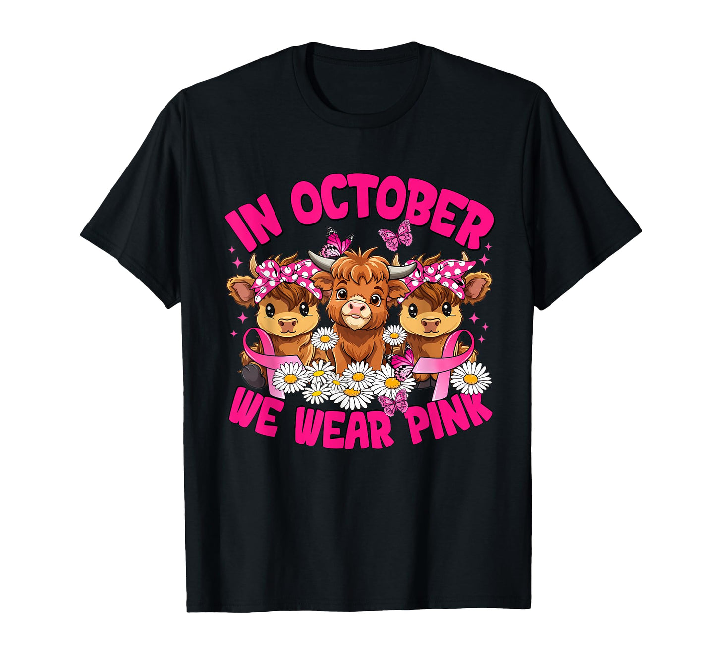 in October We Wear Pink Breast Cancer Highland Cow T-Shirt