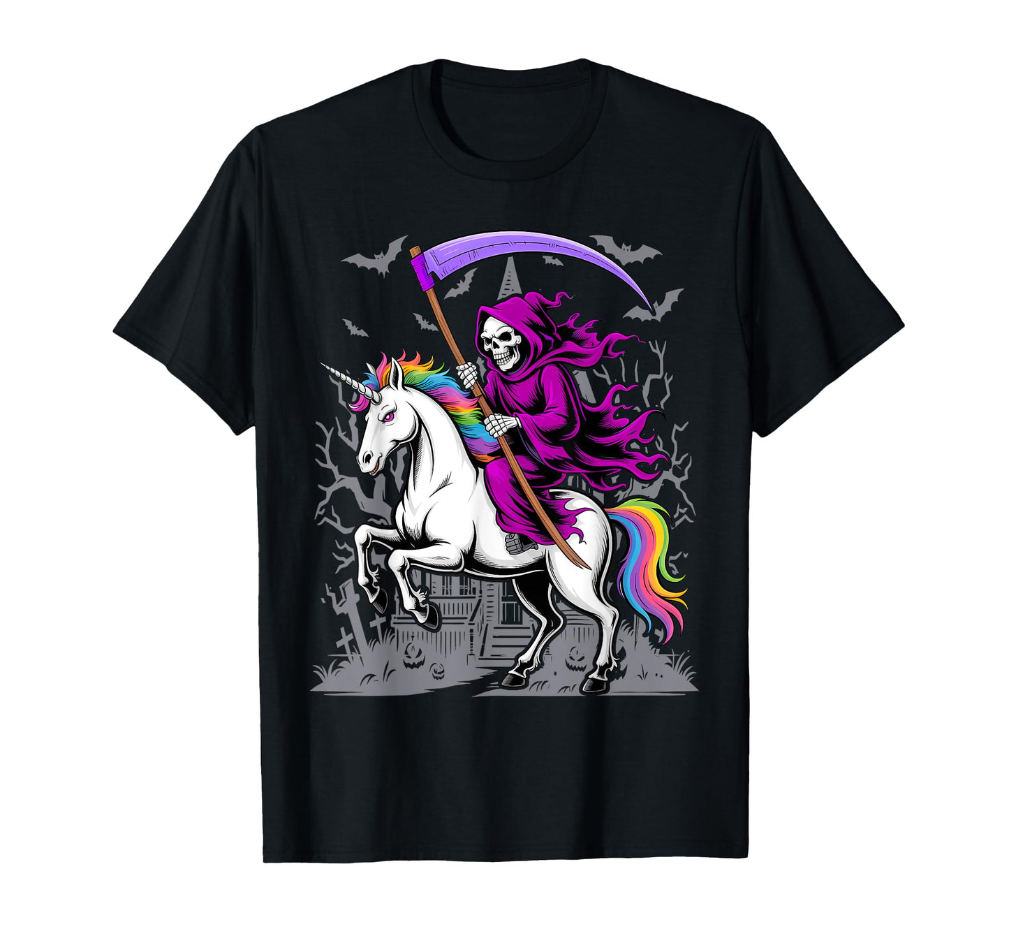 Grim Reaper Riding Unicorn Rainbow Skeleton Halloween T-Shirt