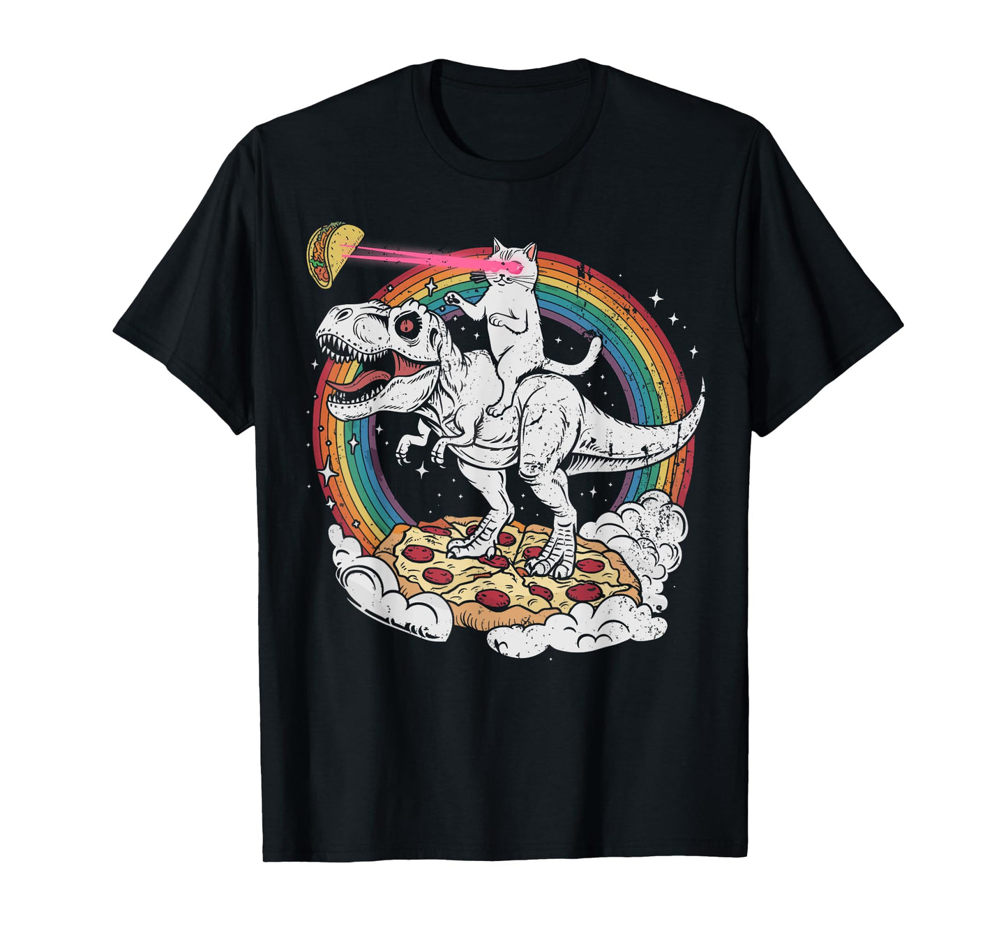 Cat Riding Dinosaur T-Rex & Rainbow Taco Pizza Lover Space Men Women Girls Kids T-Shirt