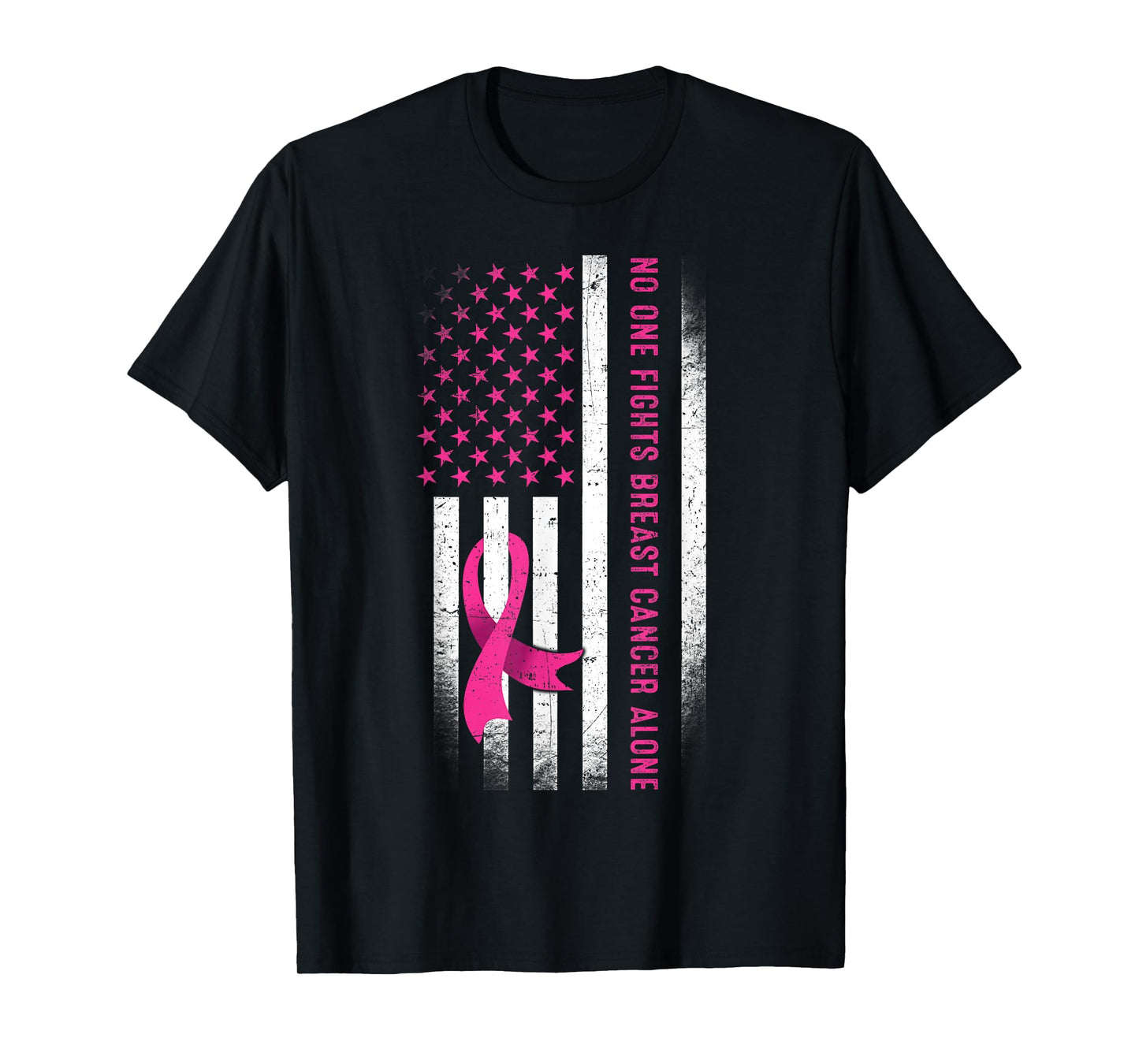 No One Fights Breast Cancer Alone American Flag Pink Ribbon T-Shirt