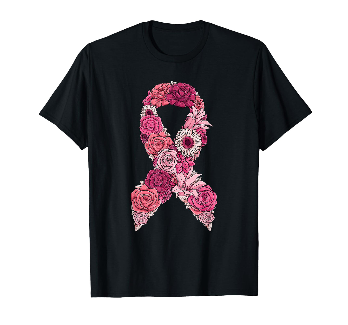 Pink Ribbon With Flowers Breast Cancer Awareness T-Shirt
