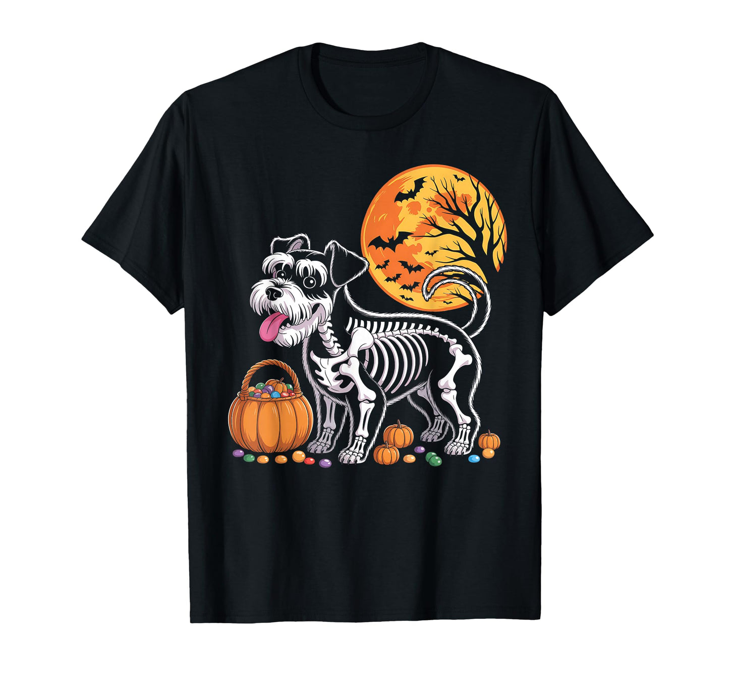 Miniature Schnauzer Dog Skeleton Pumpkin Moon Halloween T-Shirt