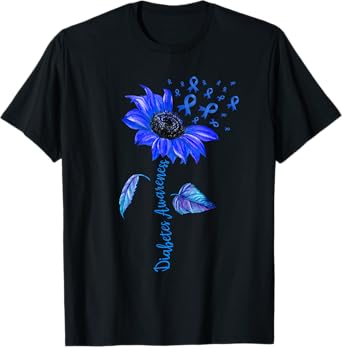 Sunflower Diabetes Awareness Support Blue Ribbon T1D Type 1 T-Shirt