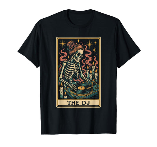 Skeleton DJ Tarot Card Surreal Vinyl Record Artwork T-Shirt
