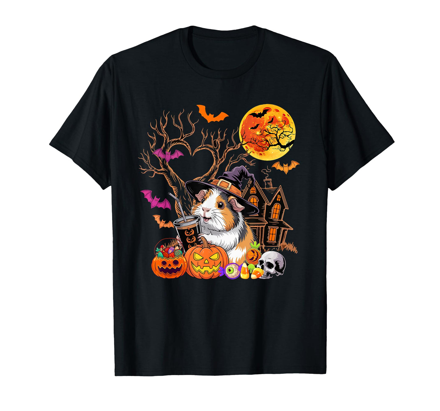 Guinea Pig As Witch Drinking Coffee Halloween Carved Pumpkin T-Shirt