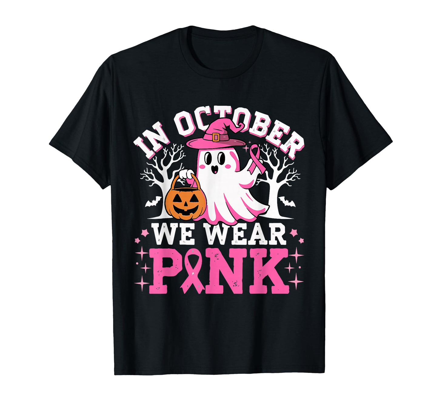In October We Wear Pink Witch Ghost Halloween Breast Cancer T-Shirt
