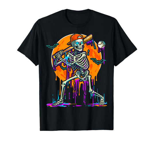 Baseball Skeleton Drip Batting Halloween T-Shirt