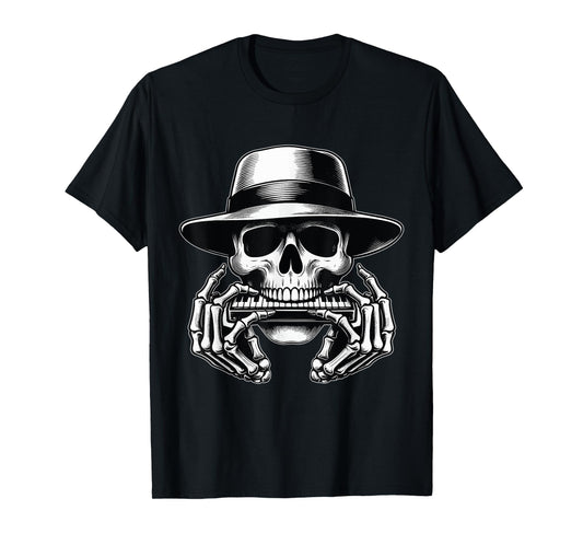 Skeleton Playing Harmonica Blues Musician Mouth Organ Player T-Shirt