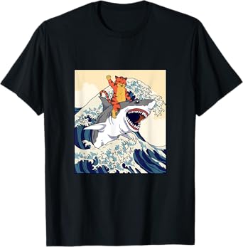 Cat Riding Shark Japanese Wave T-Shirt for Men Women Girls Kids