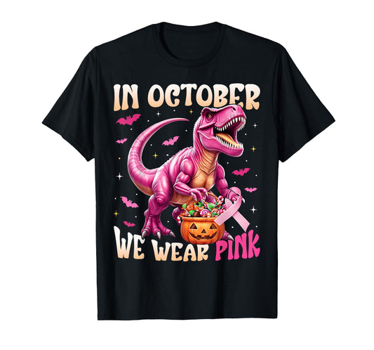 Dinosaur In October We Wear Pink Breast Cancer Awareness T-Shirt