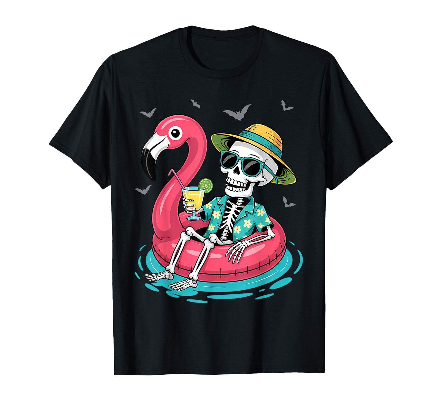 Skeleton Relaxing On Flamingo Float Beach Vibes Halloween T-Shirt