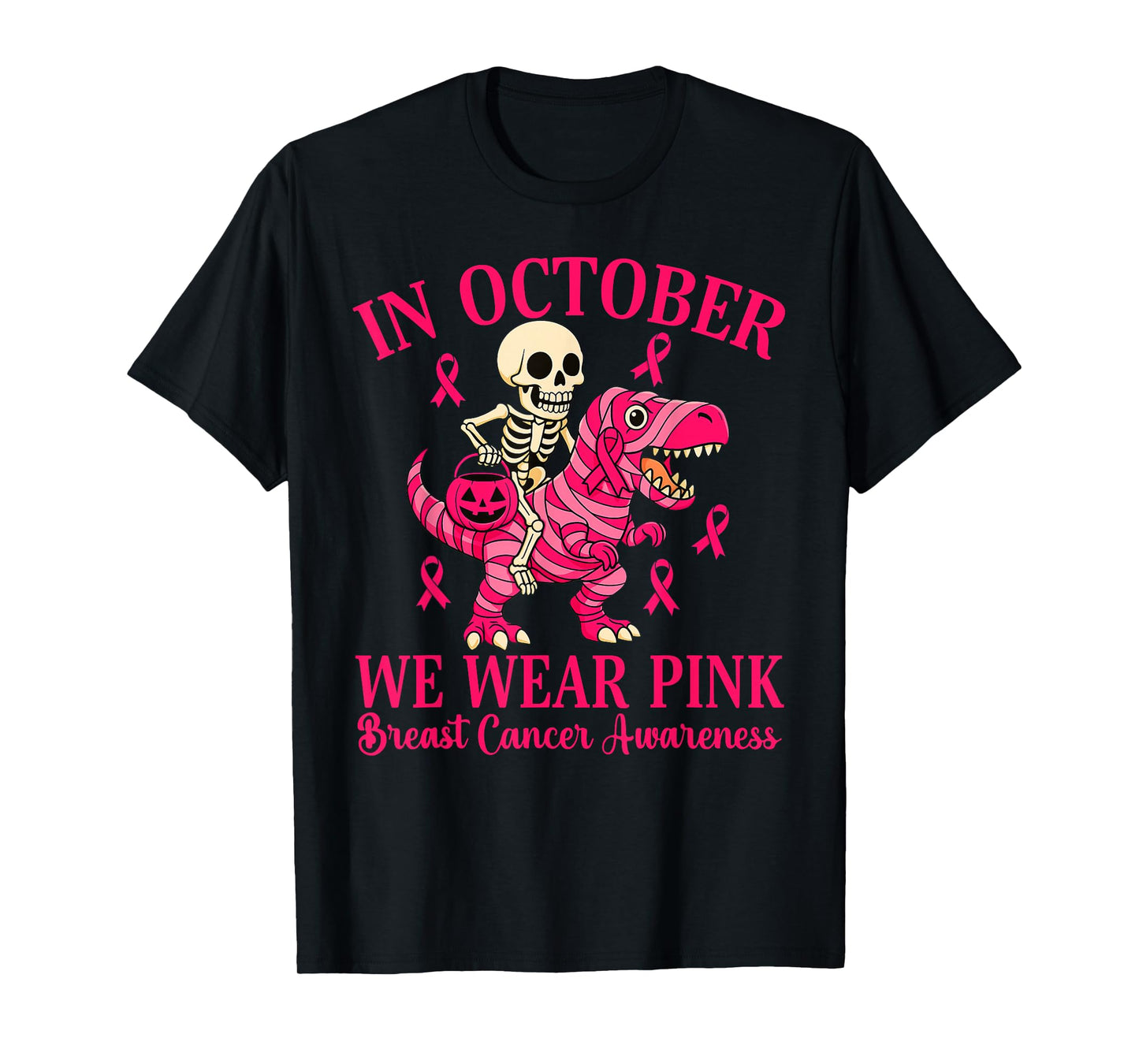 Skeleton Riding Dinosaur Trex Halloween Breast Cancer T-Shirt