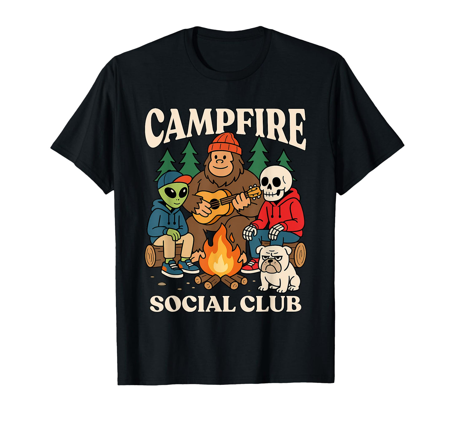 Cryptid Campfire Social Club Alien Bigfoot Skeleton Bulldog T-Shirt