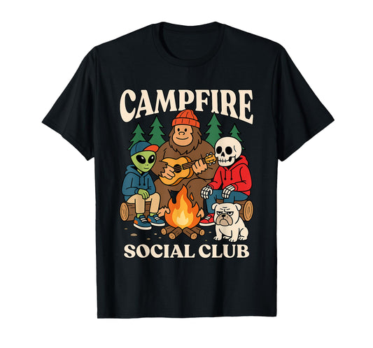 Cryptid Campfire Social Club Alien Bigfoot Skeleton Bulldog T-Shirt