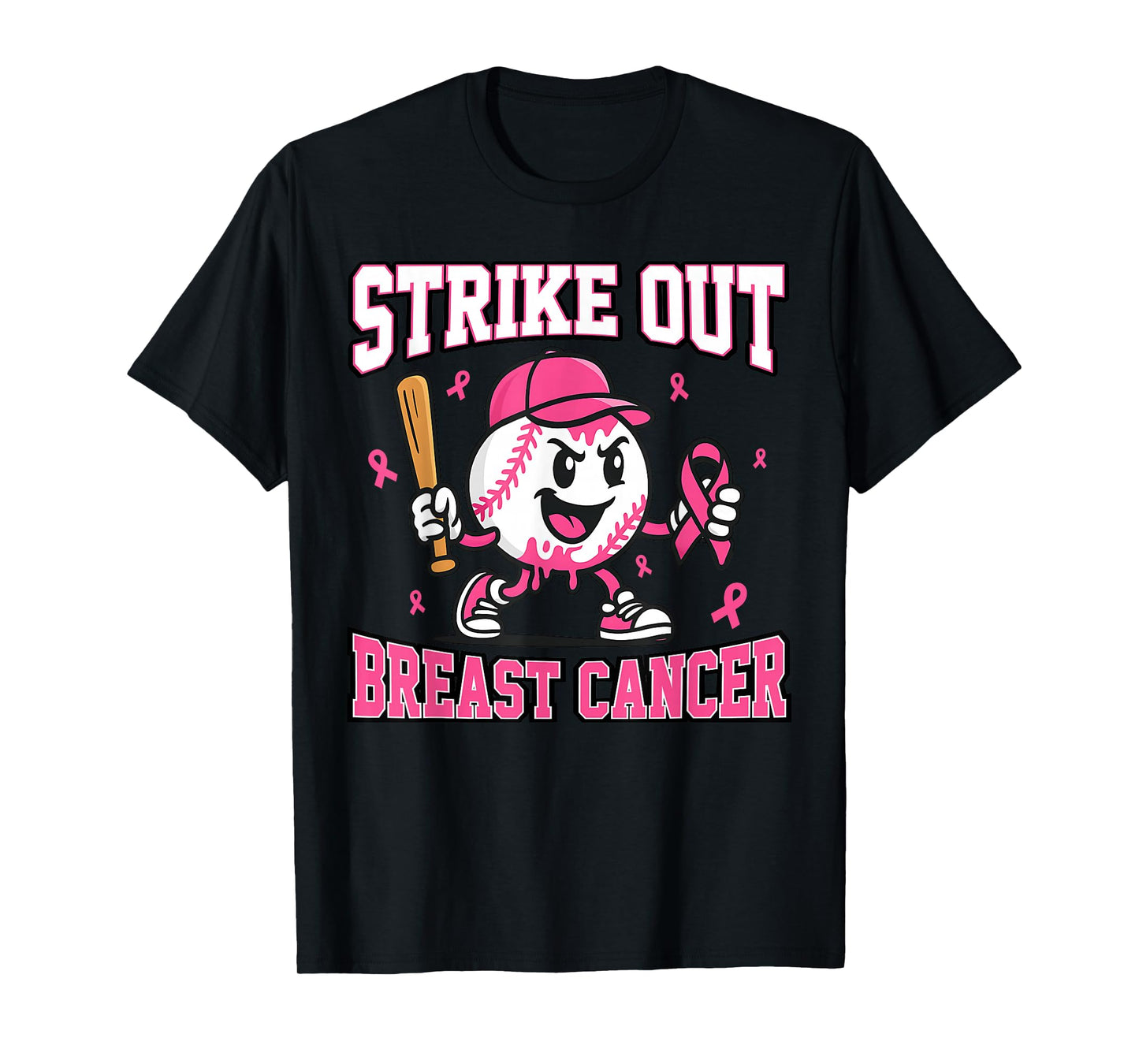 Strike Out Breast Cancer Baseball Ice Cream Drip Pink Ribbon T-Shirt