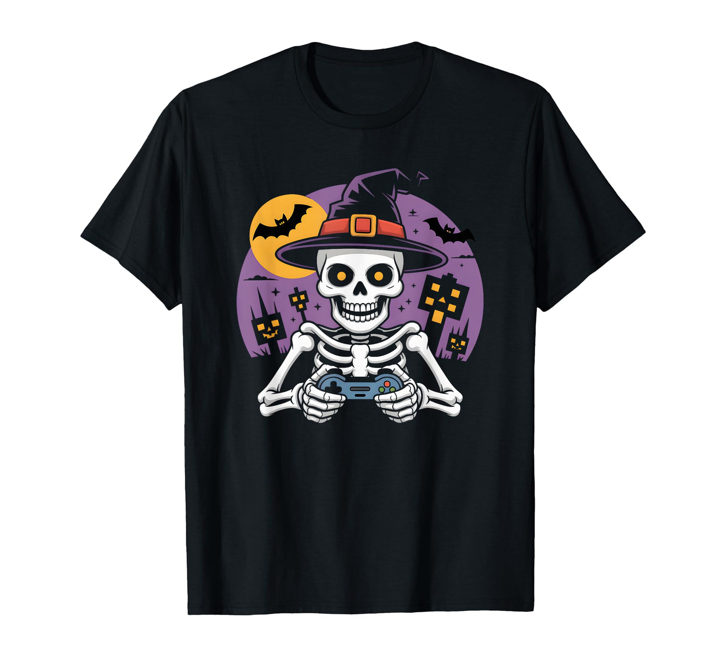 Skeleton Gamer Witch Hat Halloween Video Gaming Boys Kids T-Shirt