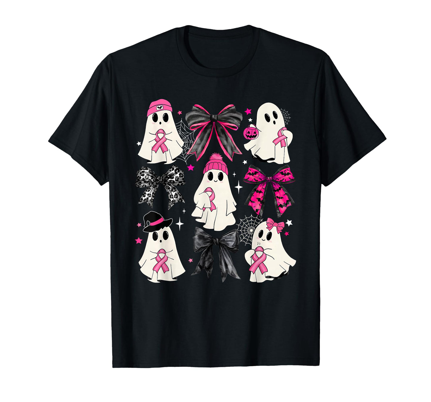 Ghost Halloween Pink Coquette Bow Breast Cancer Awareness T-Shirt