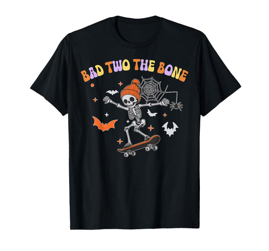 Bad to The Bone Skeleton Halloween Skateboard,Boo Spooky Boy T-Shirt