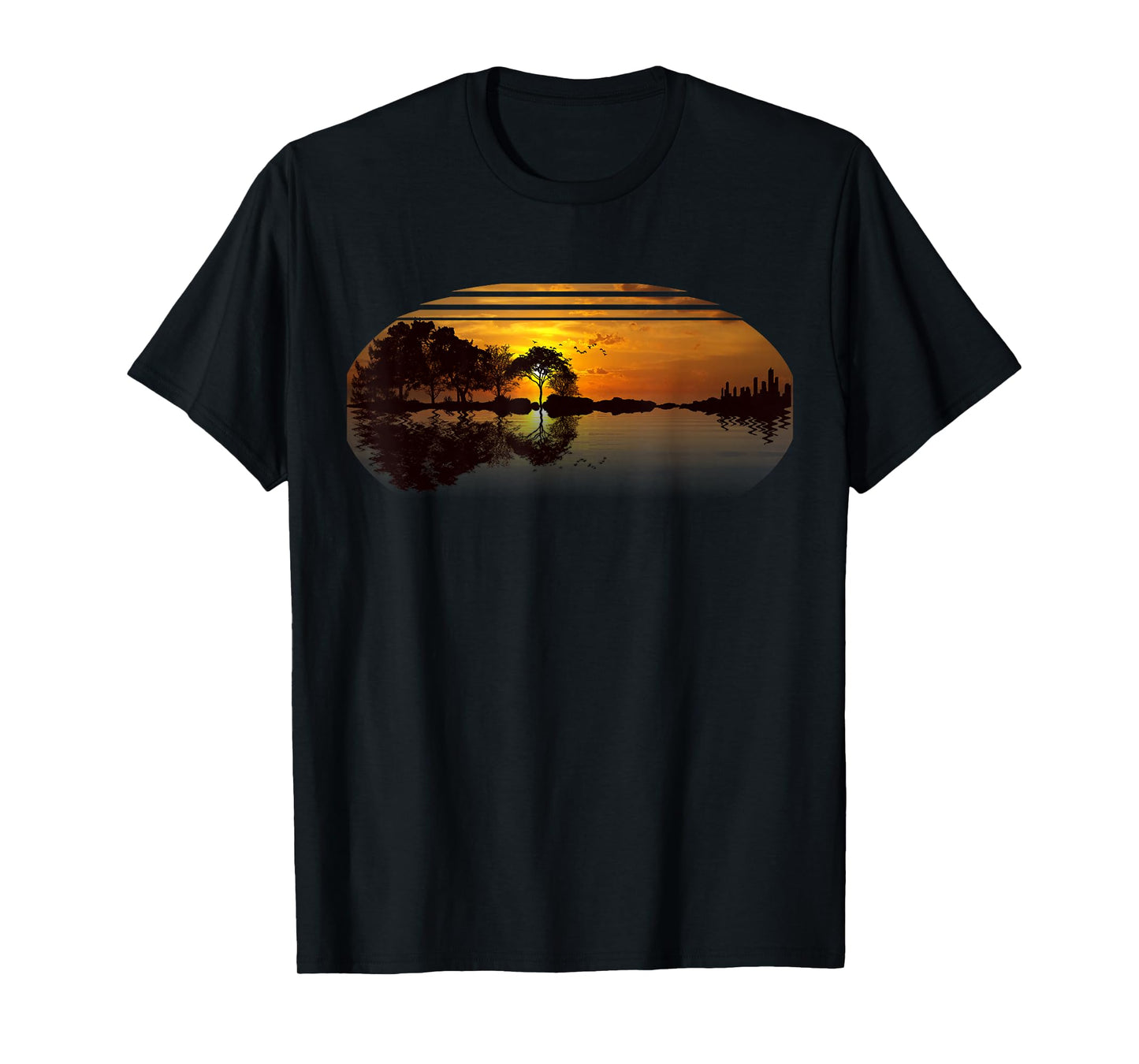 Guitar Sunset Sky Trees City Lake Reflection Stylish Design T-Shirt