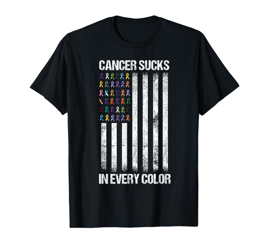 Cancer Sucks In Every Color Tshirt USA American Flag Ribbons T-Shirt
