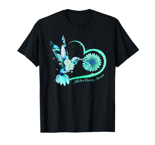 Hummingbird Sunflower Heart Teal Ribbon Addiction Recovery T-Shirt