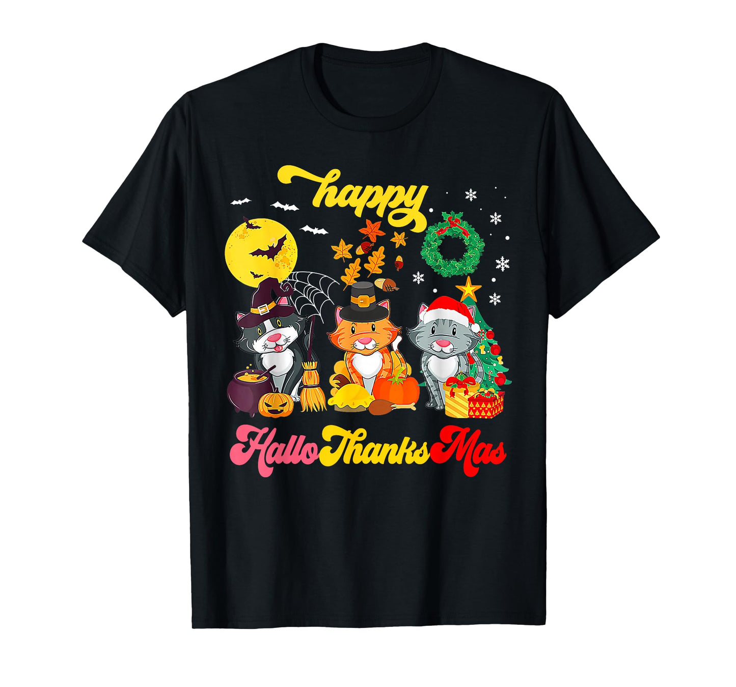 Cat Halloween Christmas Happy Hallothanksmas Thanksgiving T-Shirt